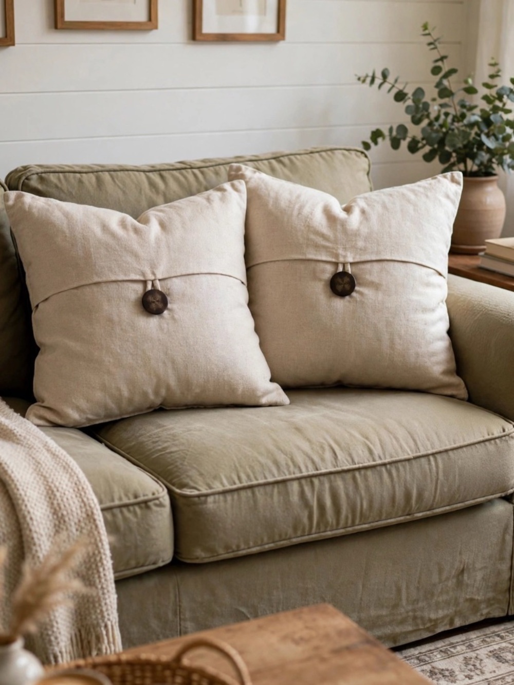 Pottery Barn || Linen Big Button Pillow Shams Pair 18” Square Tan Beige